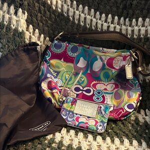 Coach Multicolor Pop-Print Shoulder Bag with Brown Trim